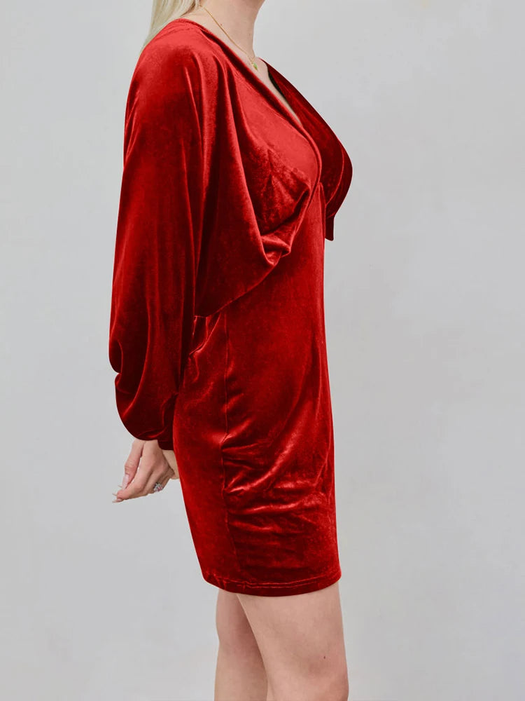 2025 Autumn and Winter Women's Long Sleeve V-Neck Sexy Solid Color Fashion Bodycon Mini Dress