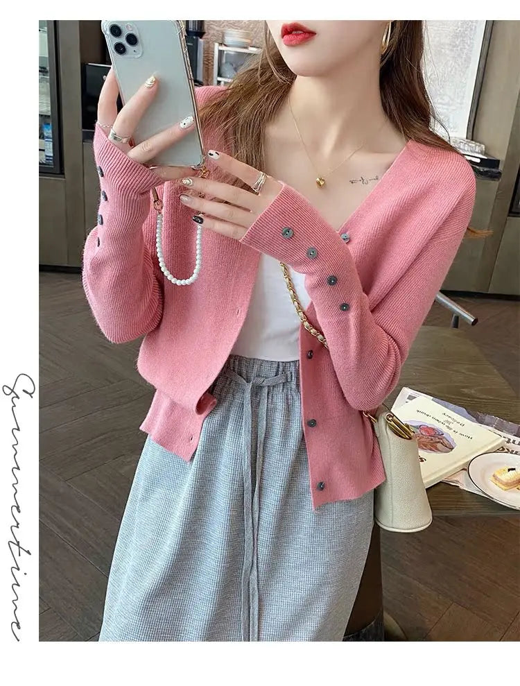 2025 Autumn And Winter Casual Sweater V Neck Women Korean Fashion Tops Long Sleeve Solid Basic Knitted Cardigan Female