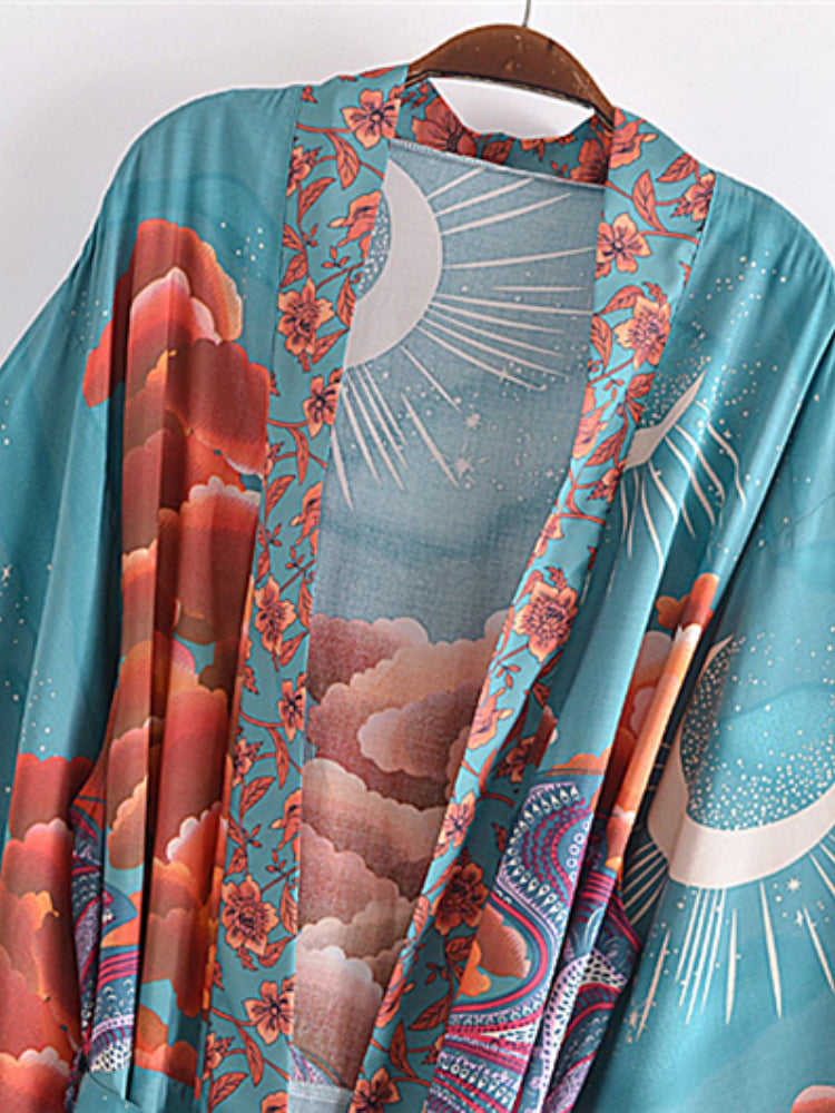 Vintage Chic Women Star and Moon Floral Print Bat Sleeve Beach Bohemian Kimono Dress Robe Ladies Summer Boho Bikini Cover-ups