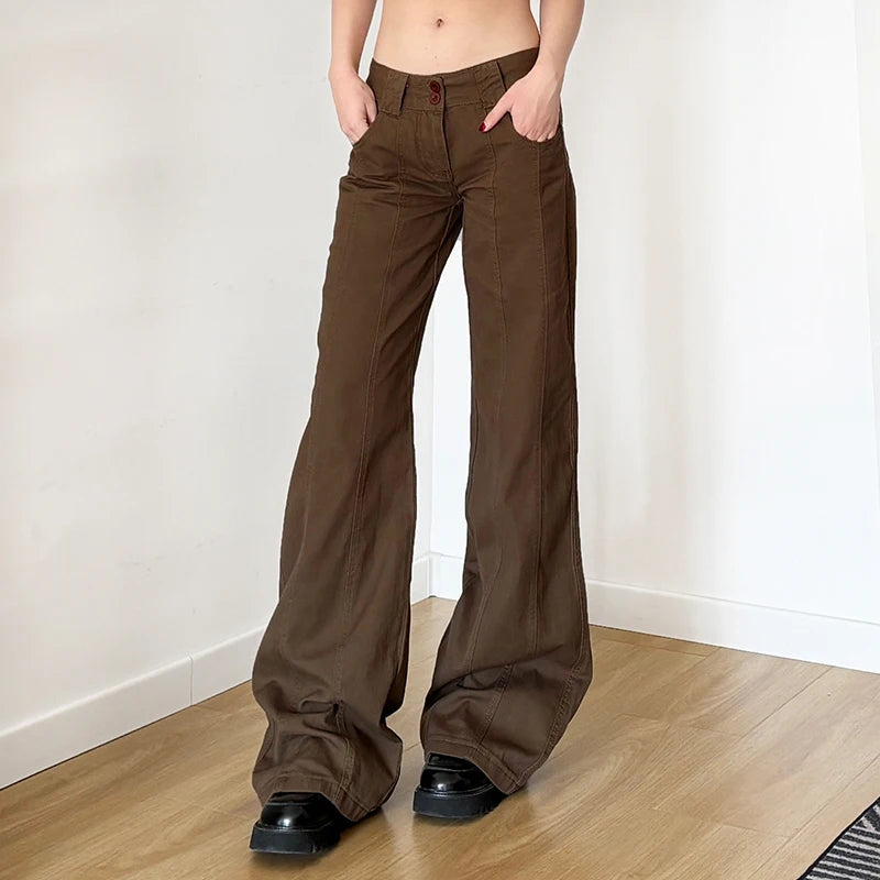 Brown Wide Leg Women's Jeans Y2K Grunge Style Low Rise Baggy Denim Pants Vintage Retro Casual Streetwear Korean Fashion Trousers