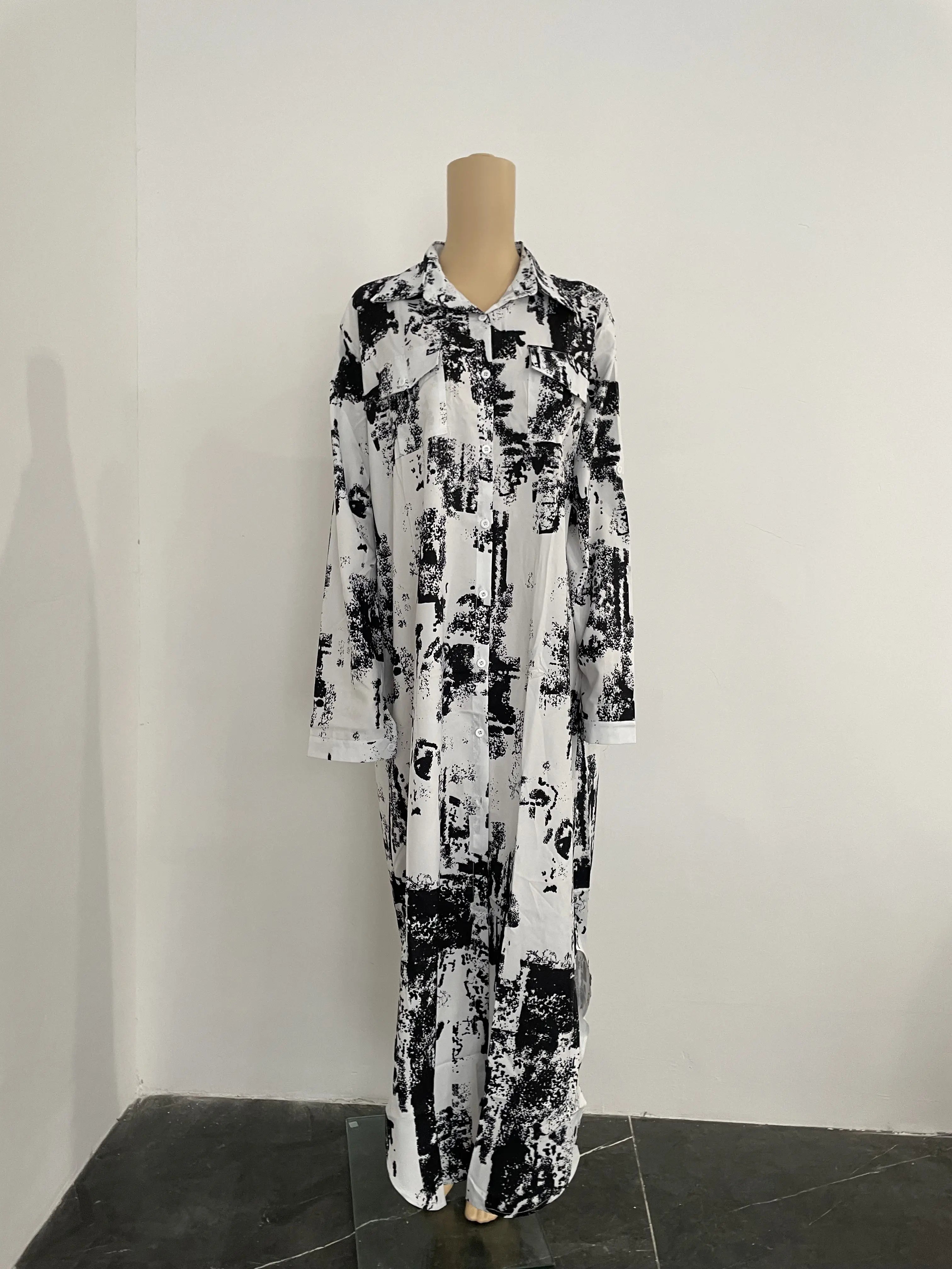 Camouflage Leopard Letters Floral Printed Dresses for Women 2025 Buttons Long Sleeve Loose Split Casual Solid Maxi Dress Robe