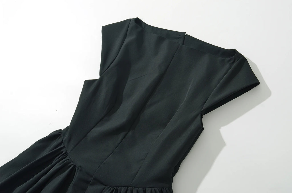 2024 Sexy Slash Collar Short Sleeve Low Waist Midi Dress Women Hollow Out Back Backless Pleated Swing A-line Party Robe Black