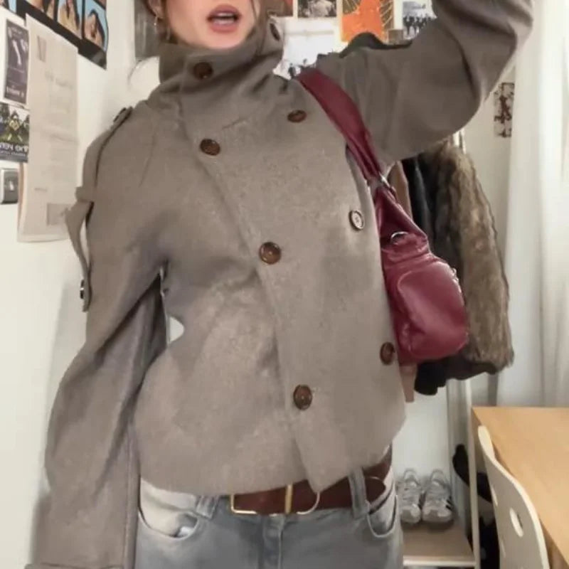 Elegant Stand Collar Long Woolen Coat Women Loose Full Sleeve Single Breast Warm Overcoat 2026 Spring Lady Outwear New