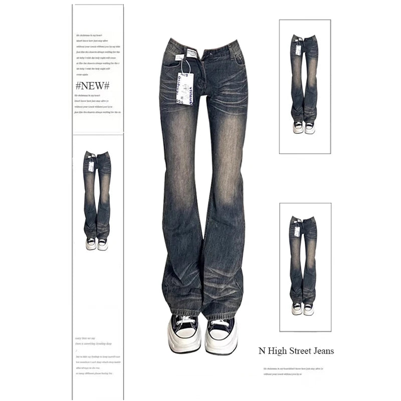 Women's Grey Flare Jeans Vintage Korean High Waist Cowboy Pants Harajuku Denim Trousers 90s Aesthetic Y2k Emo 2000s Clothes 2024