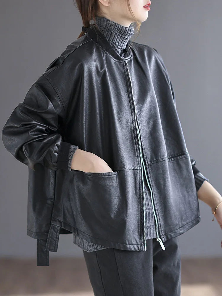 Amax luluE 2024 Autumn Fashion Biker Clothes Womens Loose Vintage Faux Leather Jackets Luxury Punk Pu Coats Black Big Outerwear