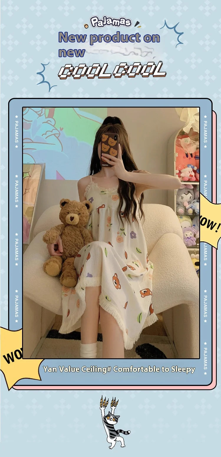With Chest Cushion Halter Nightgown Female Summer Floral Breathable Thin Section of the Princess Style Loose Knee-Length Pajamas