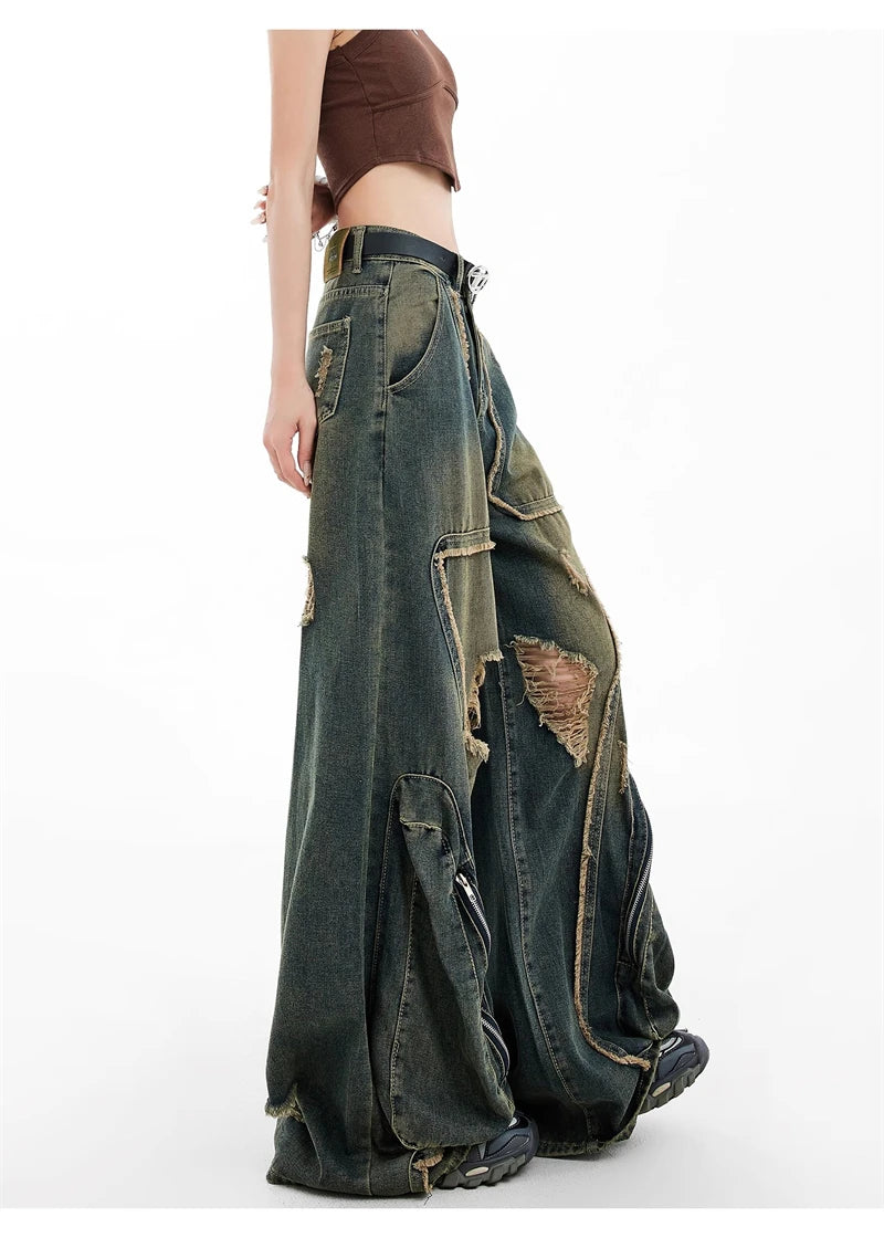 Women Y2k Baggy Cargo Jeans Harajuku Oversize Ripped Denim Trousers Vintage Japanese 2000s Style Jean Pants Trashy Clothes 2024