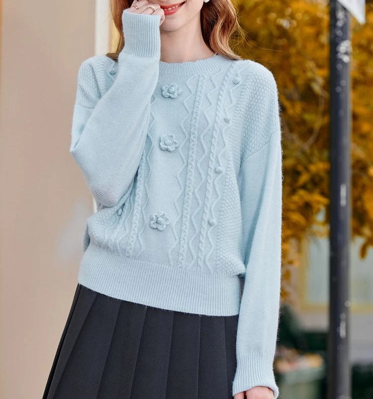 Fashion Women's Clothing 2025 Autumn  Winter New Style Temperament Reducing Loose Flower Embroidered Round Neck Sweater Knit Top