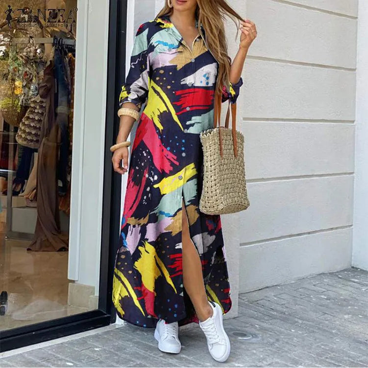Camouflage Leopard Letters Floral Printed Dresses for Women 2025 Buttons Long Sleeve Loose Split Casual Solid Maxi Dress Robe