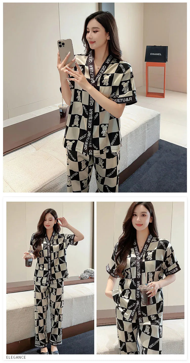 2 Pieces/Set Ladies Pajamas Ladies Homewear Women's Ice Silk Short Sleeve Long Pants Set Large Bear Pajamas Girls Clothes Lounge