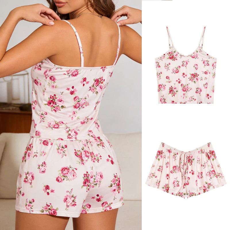 Summer Women's Cherry Print Pajama Set Sexy Ice Silk Sleeveless Vest and Shorts Girls Casual Cute Printed Sleepwear for Lounging