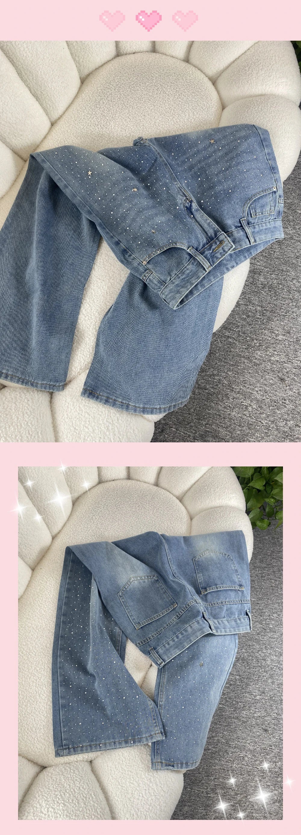 Shiny Diamond Bling Denim Pants Spring Autumn Women High Waist Straight Wide Leg Jeans Glitter Rivet Loose Blue Denim Pants ﻿