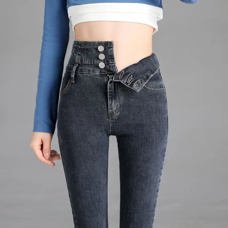 Trendyol Fashion High Waist Plus Fleece Elastic Jeans Women Clothing 2024 Winter Slim Korean Vintage Distressed Pencil Pants
