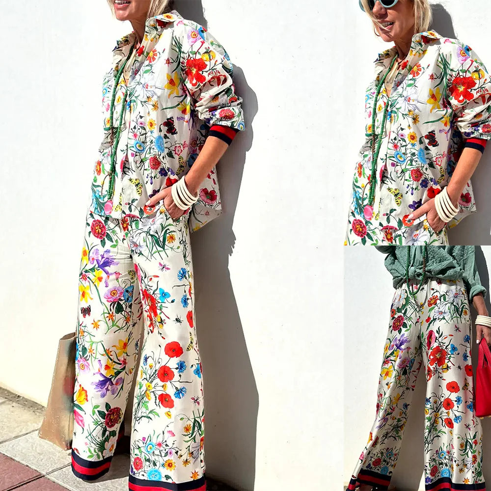 Women's Fall Casual Outfits Floral Print Long Sleeve Button Down Lapel Shirt With Elastic Waist Wide Leg Pants Sets Streetwear