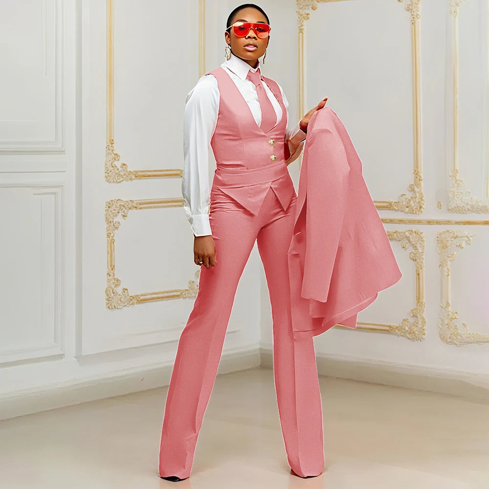Orange Women's Suits Customized Plus Size Formal Single-breasted Peaked Lapel Three Pieces (Jacket+Pants+Vest) Office Lady Set