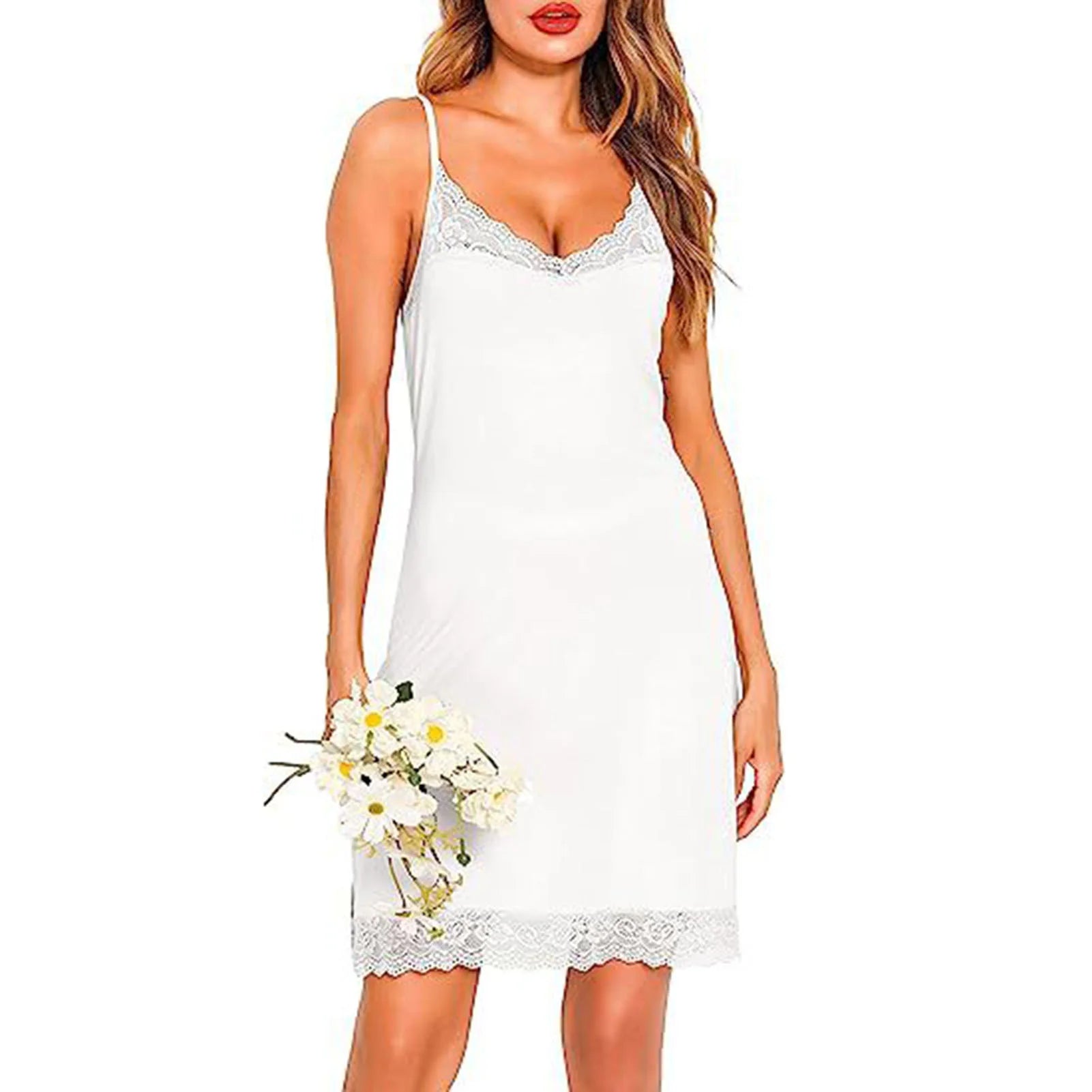 Women Nightdress Solid Color V Neck Lace Sleeveless Lady Nightgown for Summer