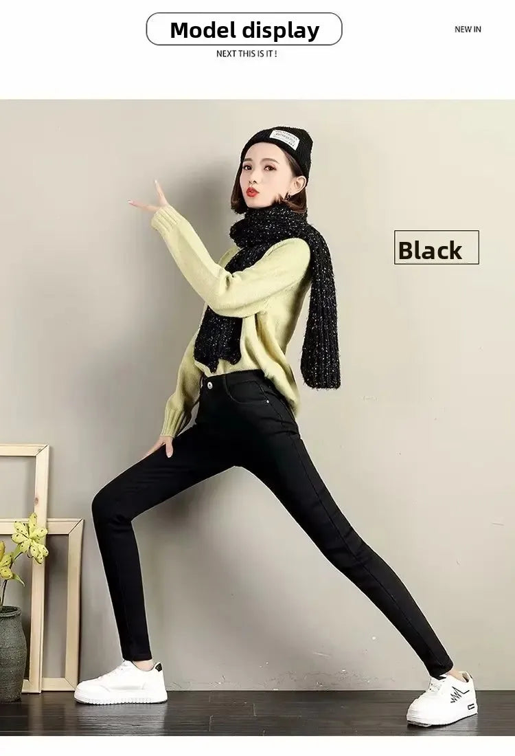 High Waist Fleece Lined Skinny Jeans Women's Autumn Winter New Style Pure Color Slimming Tight Fit Ankle Length Pants