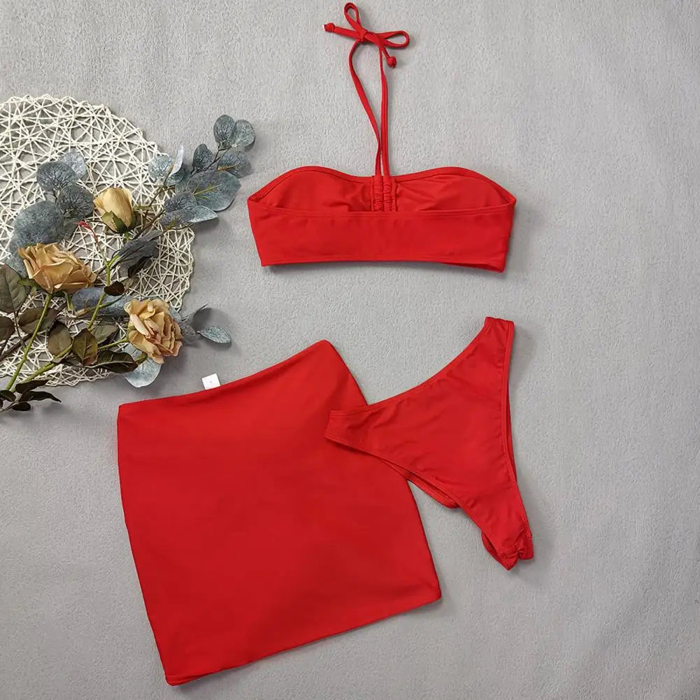 3Pcs/Set Women Summer Bikini Set 3D Rose Flower Decor Halter Bandeau Pleated Bra Swimming Trunks Overskirt Set Swimsuit 수영복 세트