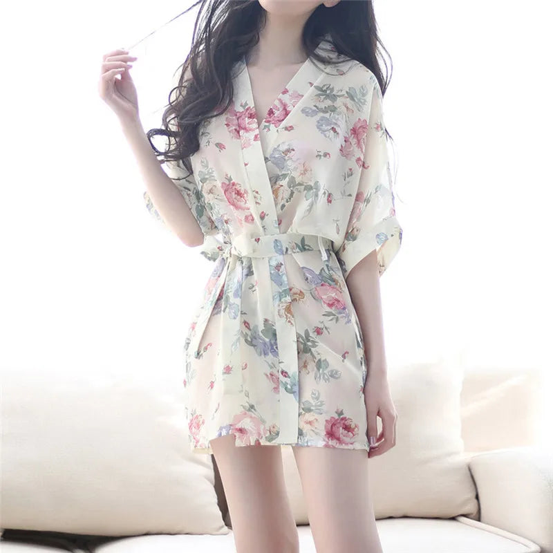 Women Floral Print Sexy Lingerie Nightdress Underwear Robe Chiffon Sleepwear