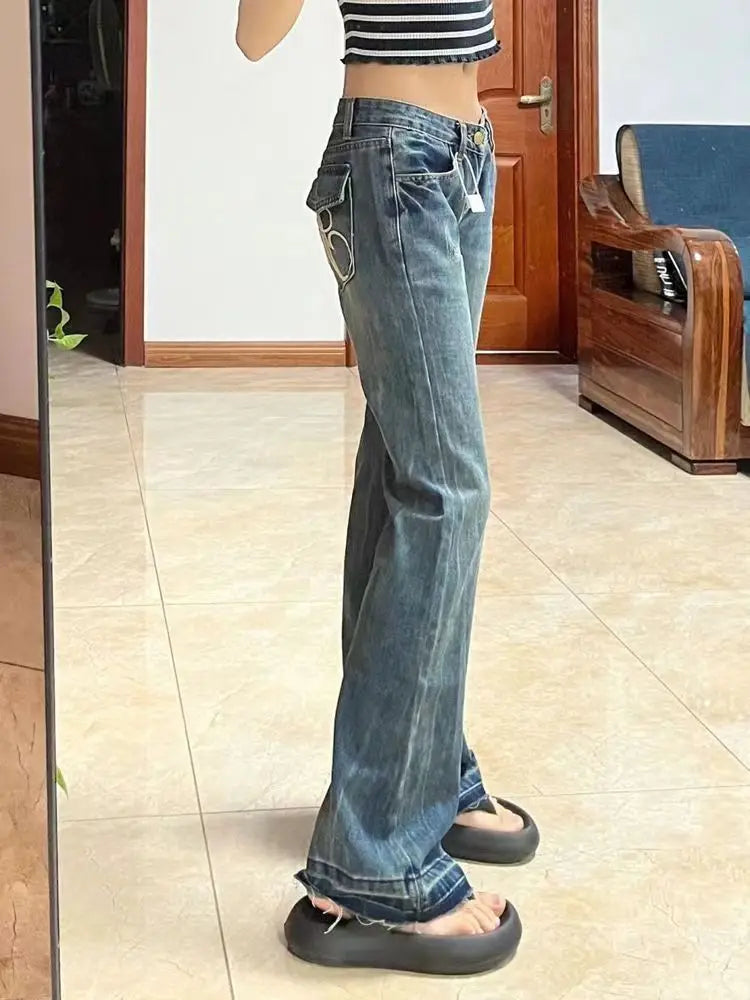 New high street retro hottie micro-flare jeans women American Y2k autumn and winter raw edge splicing slim trousers
