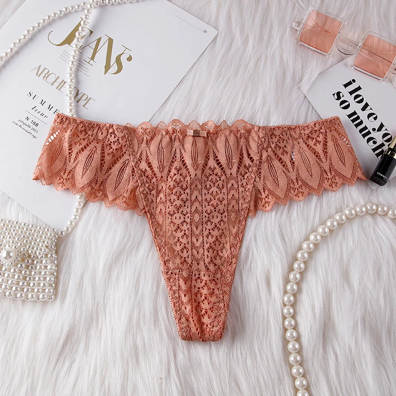 BANNIROU Women's Thongs Underwear Female Intimates T-back G-string Sexy Transparent Lace Low-Rise Panties Lingerie For Woman