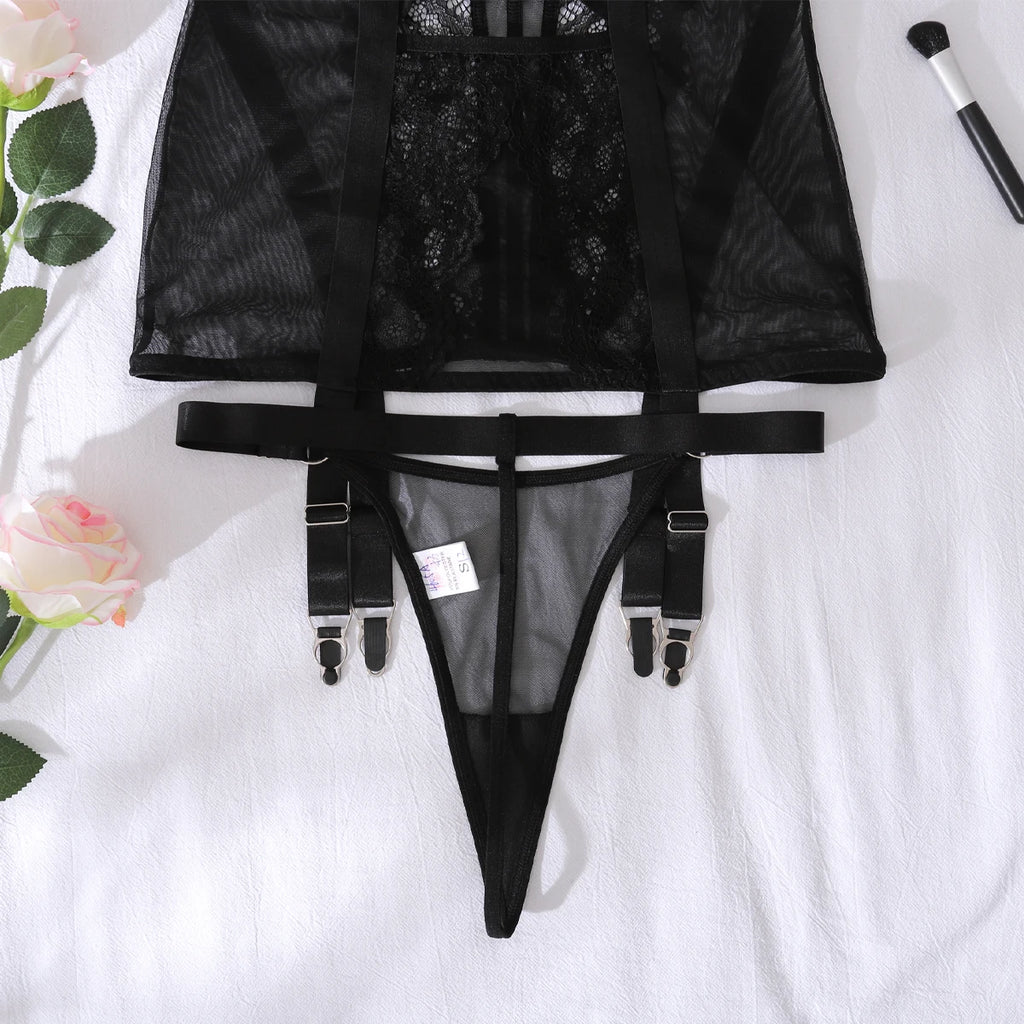 Cross border 2025 gathering body shaping one-piece fishbone lace see through lace sexy lingerie two-piece set