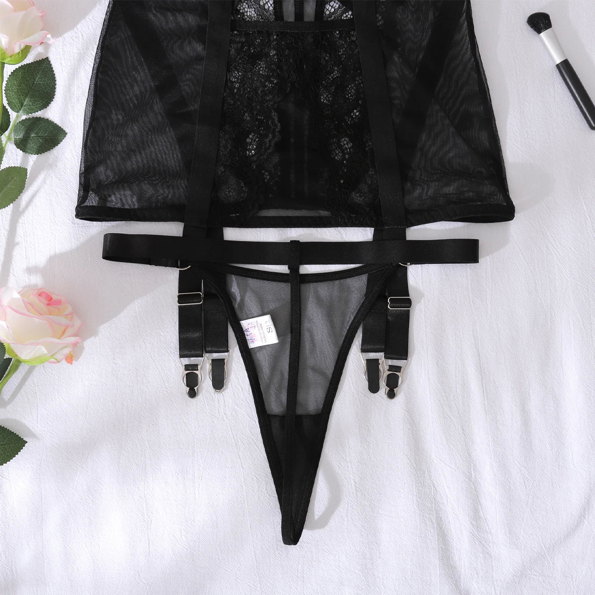 Cross border 2025 gathering body shaping one-piece fishbone lace see through lace sexy lingerie two-piece set