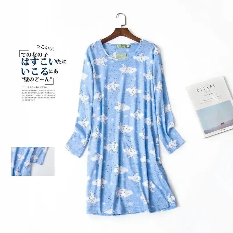 Knitted Cotton Women Plus Size Lingere Nightgown Loose Nightdress Long Sleeve Night Gown Cute Cartoon Home Dress Sexy Sleepwear