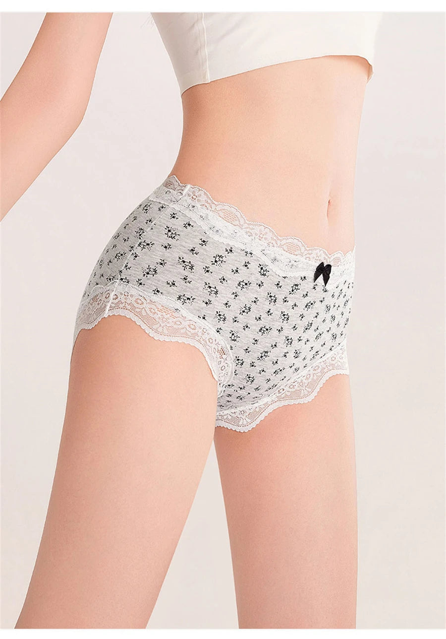 3Pcs Floral Cotton Crotch Panties Women's Underwear Cute Bow Brief Mid Waist Breathable Sexy Lace Female Lingerie Panties