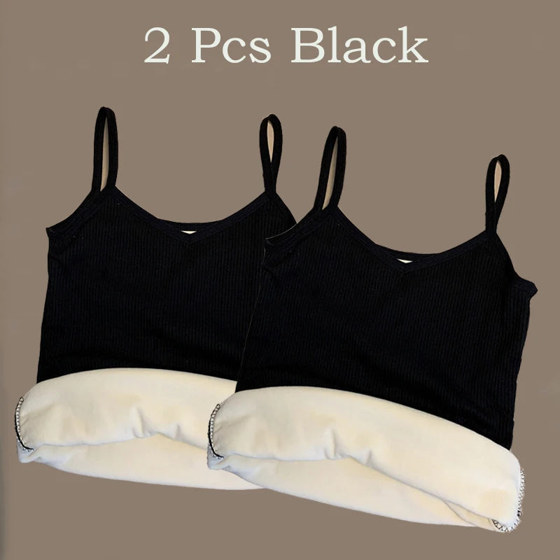 2PCS Women Winter Warm Underwear T-shirt Set Solid Color Thermal Casual Nightwear Sexy Elasticity Thin  Velvet Sleeveless Tops