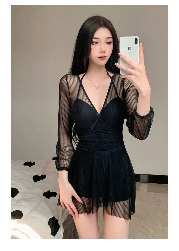 Swimsuit Women's One-piece Dress Style Conservative Belly-covering and Slimming Hot Spring Long-sleeved Sun Protection Vacation