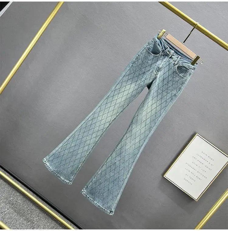 Slim-Fit Denim Micro Flared Pants Female Tide New Fashion Elastic High Waist Rhinestone Button Zipper Temperament Joker Pants