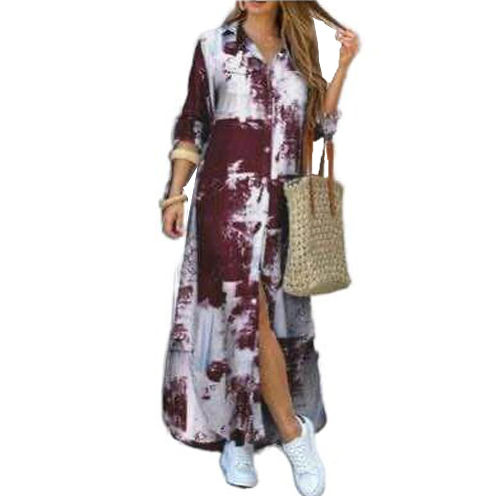 Camouflage Leopard Letters Floral Printed Dresses for Women 2025 Buttons Long Sleeve Loose Split Casual Solid Maxi Dress Robe