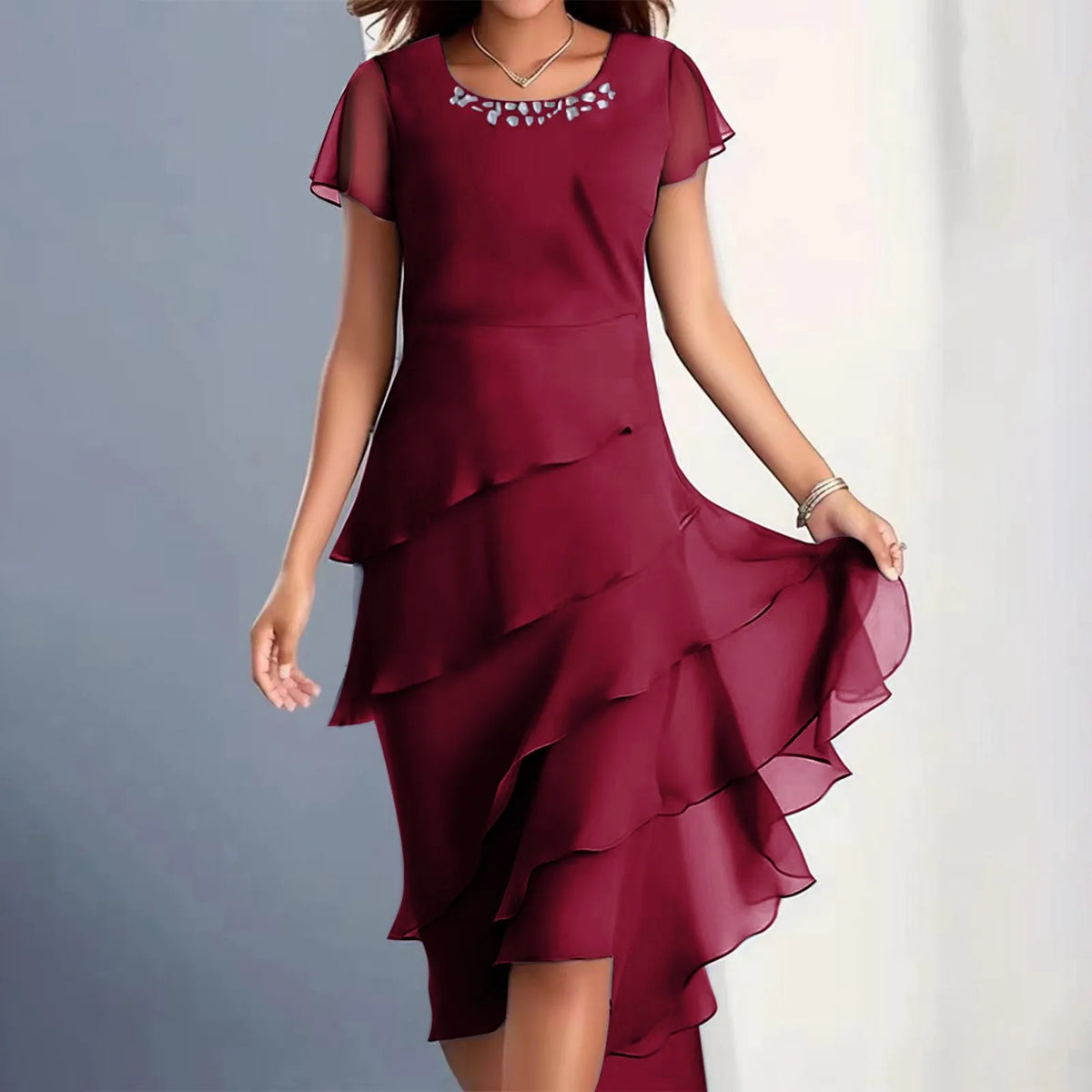 Womens Dresses Women'S Summer Solid Color Dress: Short Sleeve Round Neck Chiffon Paneled Dresses For Women Summer Plus Size