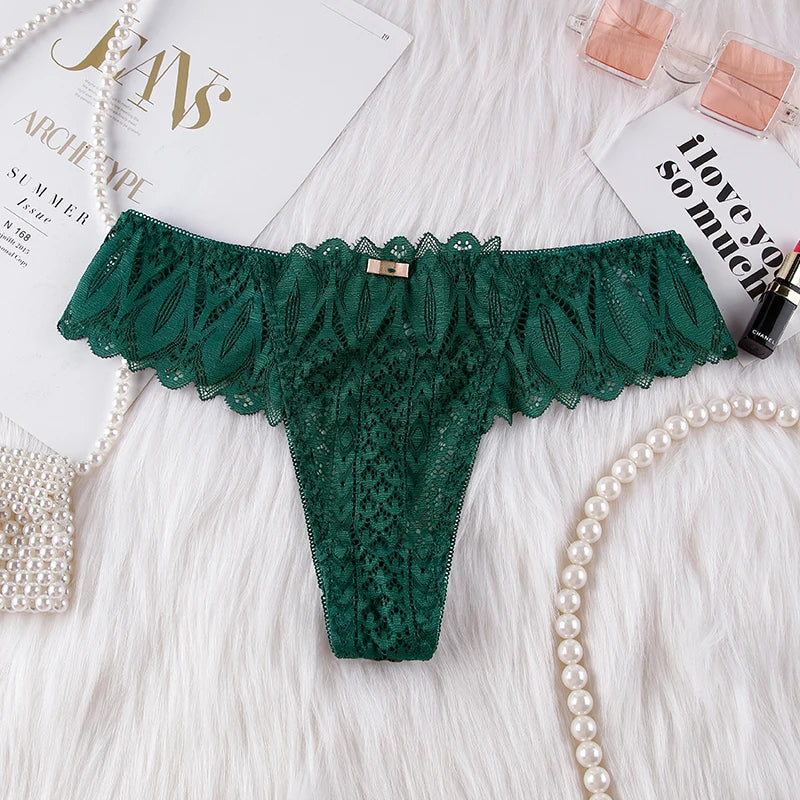 BANNIROU Women's Thongs Underwear Female Intimates T-back G-string Sexy Transparent Lace Low-Rise Panties Lingerie For Woman