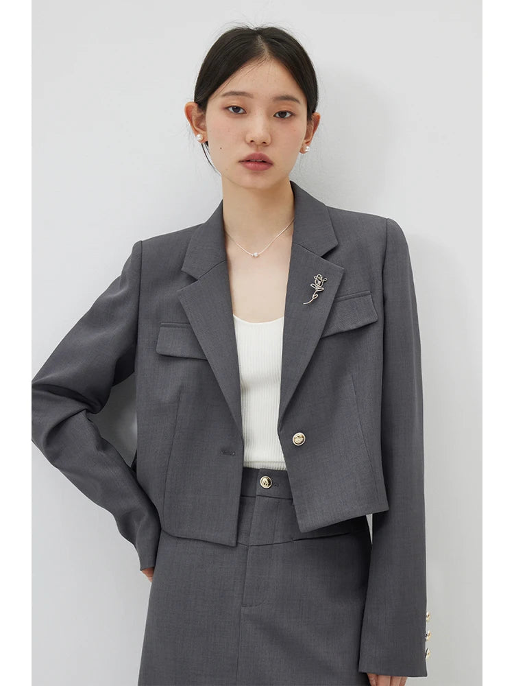ZIQIAO Temperament One-button Brooch Short Suit for Women Spring Chic Commuter Straight Long Skirt + Short Blazer Jacket Female