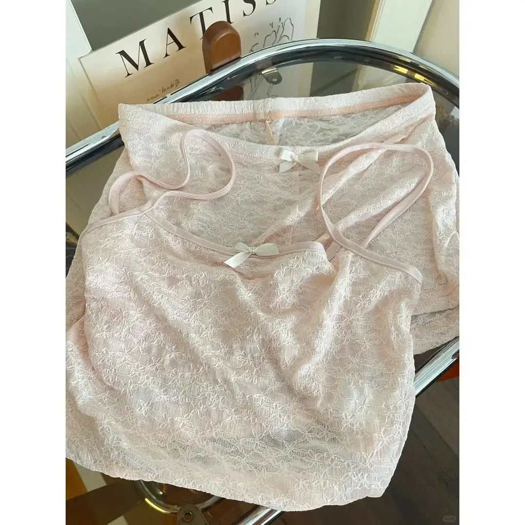 ElyraLux Women's Sexy Pajama Lace Suspenders Shorts Two Piece Summer Slim Fit Clothes Sweet Style Sleeveless Matching Outfits