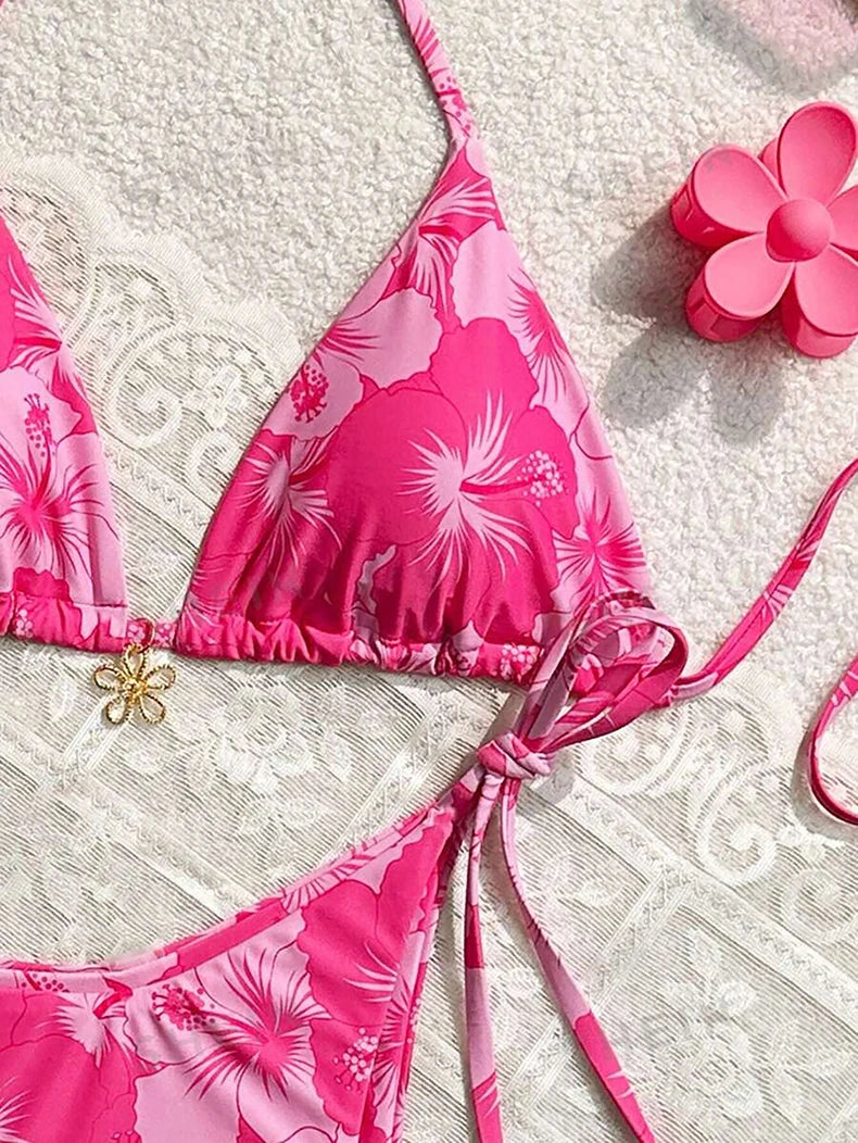 Sexy Pink Floral Print Bikini 2025 Mujer Women Metal Flower Ornament Push Up Thong Swimwear Summer Bathing Suit Micro Swimsuit