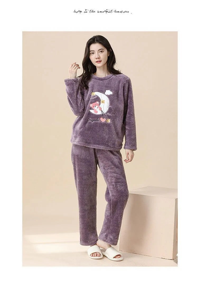 2PCS/Set Thickened Warm Fashion Autumn and Winter Pajamas Long-Sleeved Women Coral Velvet Cute Cartoon Grizzly Bear Comfortable