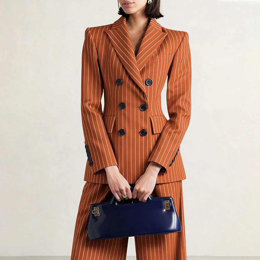 Slim Chic Double Breasted Women Pants Set High-end Female Two Pieces(Jacket+Trousers)أطقم بناطيل