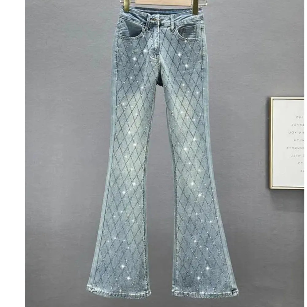 Slim-Fit Denim Micro Flared Pants Female Tide New Fashion Elastic High Waist Rhinestone Button Zipper Temperament Joker Pants