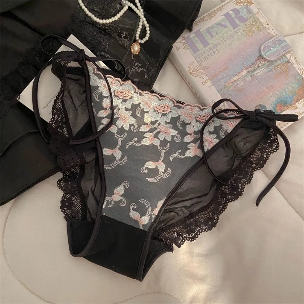 Lingerie Low Waist Embroidery Flower Panties Cotton Crotch Sweet Mesh Lace Briefs Transparent Lace-up Underwear Lady