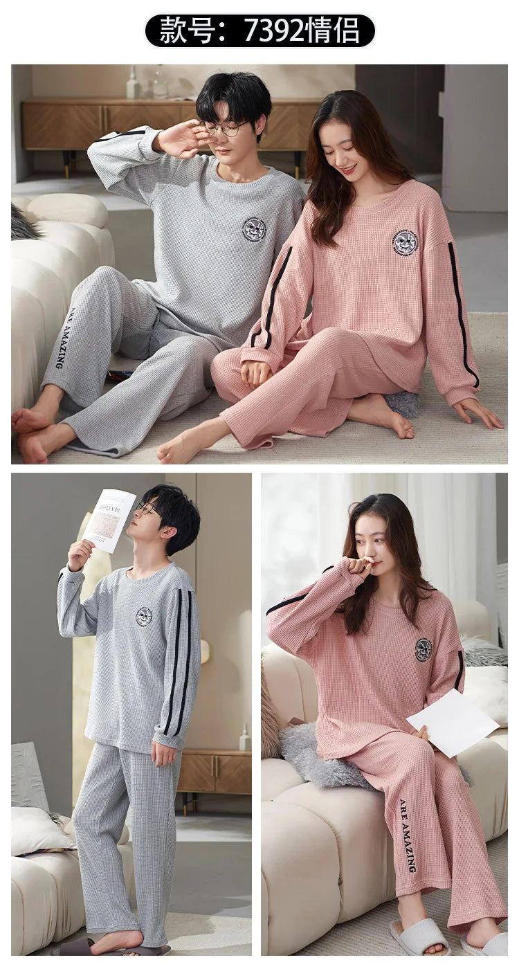 Couple Long Sleeves Sleepwear Autumn Winter Cotton Pajama Sets Print Pants Homewear Kawaii Clothes 2 Piece Sets Nightwear Lovers