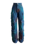 Jeans Women Straight Denim Cargo Pants High Stretch Loose Vintage Multi Pocket Button Denims 2024 Casual Distressed Trousers