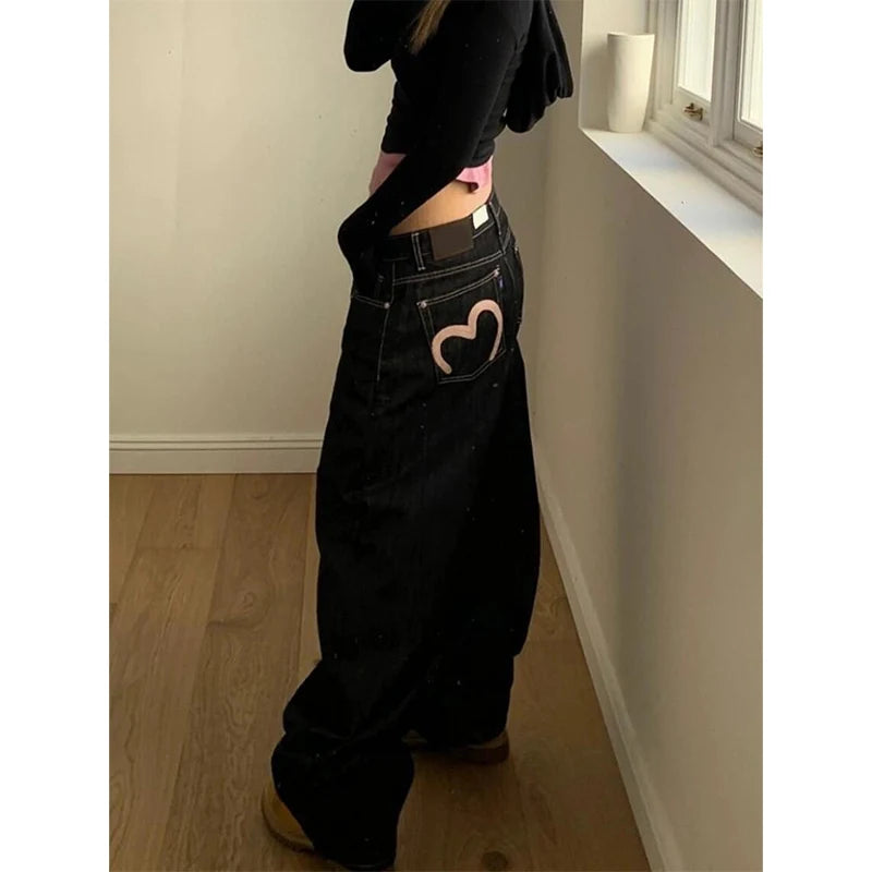 2025 Autumn Vintage 90s Punk Street Baggy Harajuku Jeans Women's Casual Mop Full Length Pants Y2K Aesthetic Style Denim Trouser