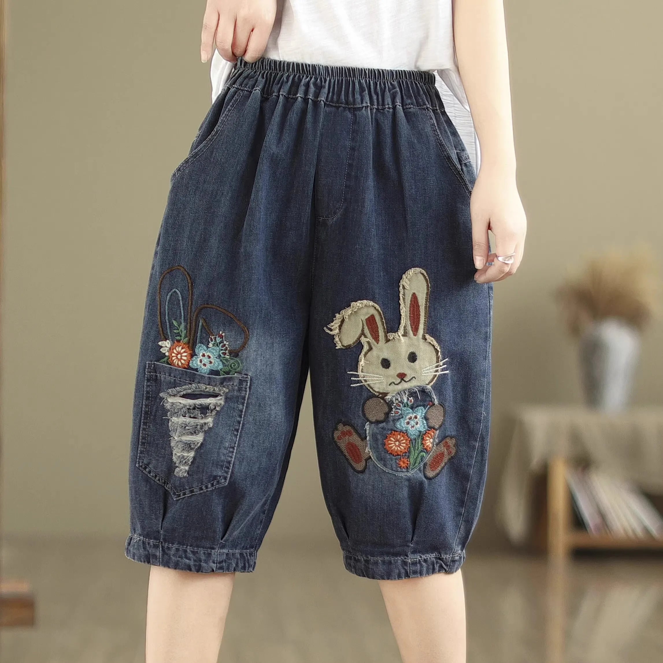 High Waist Loose Fit Cartoon Embroidery Denim orts Women's Summer Thin Harem Pants Wide Leg Casual Trousers