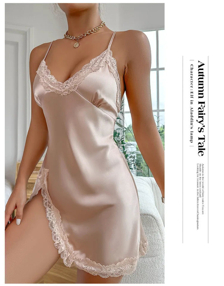 Summer Contrast Lace Silk Satin Nightdress for Women Sleepwear Deep V Backless Lace Up Split Slip Sleep Dress Nightgown