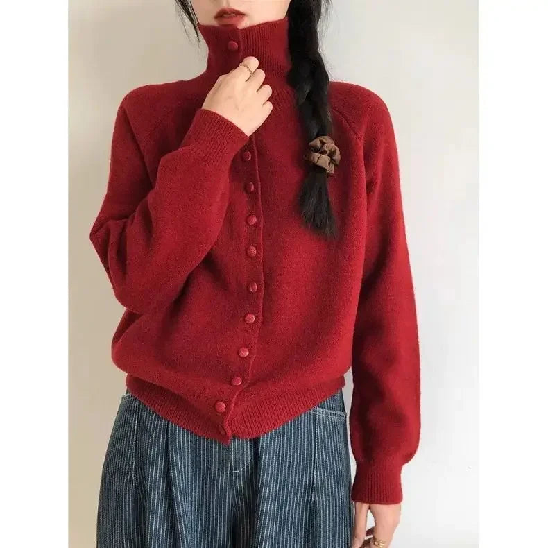 Autumn Winter New Women Sweater Coats Korean Lazy Wind Sweet Fashion Solid Turtleneck Button Cardigan Long Sleeve Knitted Tops