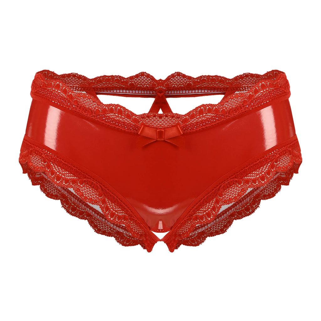 Lingerie for Ladies Women's Erotic Panties Crotch Open Sex Wet Look Porn Underwear Patent Leather Lace V-Back mujer Mini Briefs