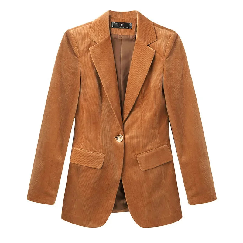 Women's Long-Sleeved Corduroy Jacket, Casual Small Suit, Formal Wear, Slim, Slimming Monochromatic, Fashion, Spring, Autumn, New